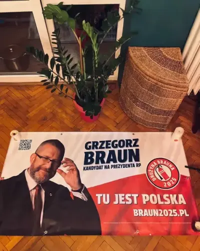 Grzegorz Braun baner wyborczy 2025 oryginalny materiał kampanii 160x100 cm — praca OVNPSA, Łódź