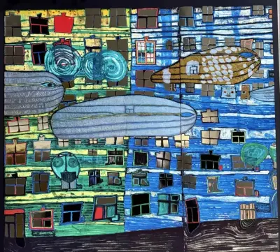 Hundertwasser Song of the Whales 777 Oryginalna Wielka  Grafika Aukcyjna 1984 Gruener Janura  Mega Design Unikat — praca ArtCollector, Szczecin