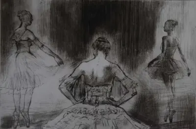 Jan Bosak grafika "Tancerki II", sucha igła, 20x30cm, 2025 — praca Janb, Kraków