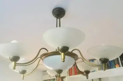 Lampa wisząca żyrandol mosiądz 6 punktów światła dwudzielna — praca Paulina, Warszawa