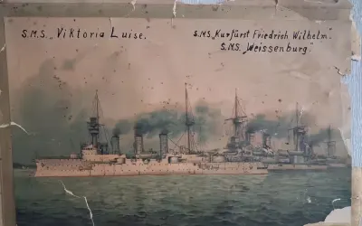 Malarska reprodukcja niemieckich okrętów wojennych SMS Victoria Louise — praca Marek, Gdańsk