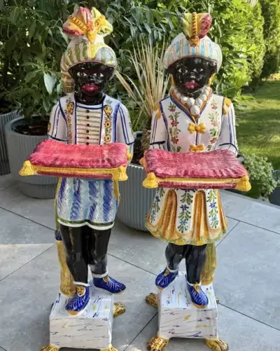 Monumentalna Para Figur Rzeźb Moro di Venezia Maur Blackamoor Włoska Majolika Vintage Hollywood Regency Wybitna Malatura Unikat Jedyne w PL okazja TOP — praca ArtCollector, Szczecin