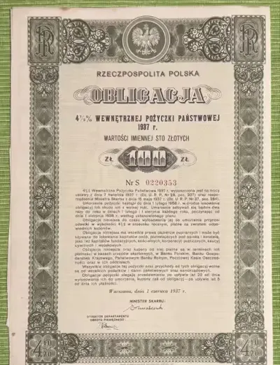 Obligacja 100 zł IIRP 1937 rok — praca AntykwariatCzasu, Warszawa