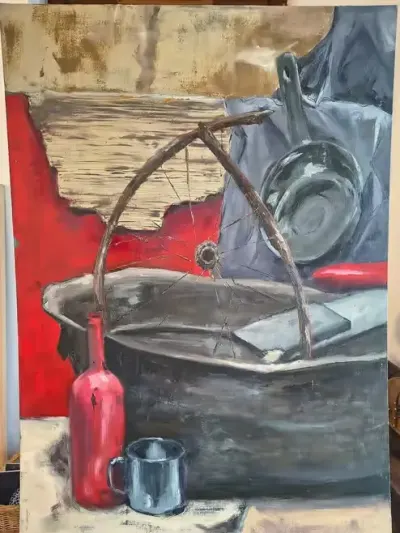 Obraz olejny ,,Martwa natura z kołem" 70x100 cm — praca Justyna Liwińska, Kraków