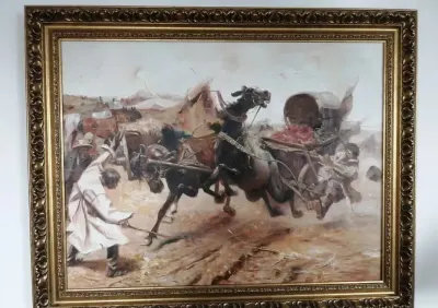 Obraz olejny na płótnie Józefa Brandta z 1885 roku Konie poniosły — praca Radek, Warszawa