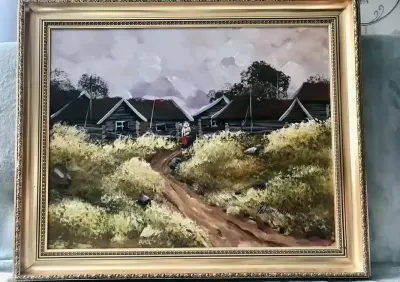 Obraz olejny na płótnie, l. 60 XX w, bardzo duży i efektowny (85x70), — praca Beata, Gdańsk