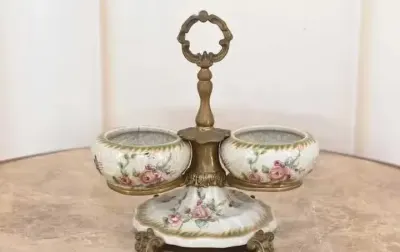 Patera Podwójna Owocnik - Porcelana + Brąz Malowana Sygnowana - Kwiaty — praca AntykiDecco, Kraków