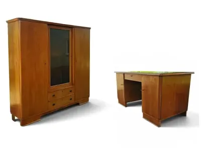 Piękny dębowy komplet gabinetowy. 1935 rok. — praca Gregor, Wrocław