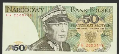 Polska 50 złotych 1988 - Karol Świerczewski - HR - stan bankowy UNC — praca Papierski33, Łódź