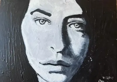 Portret w czerni i bieli akryl na płótnie — praca Monika, Warszawa