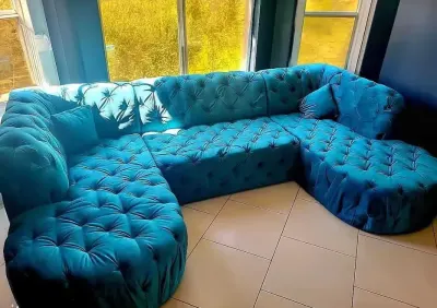 sofa kanapa narożnik CHESTERFIELD funkcja spania kanapa rogówka morska niebieska zielona pikowana antyczna XL U - forma Antyk Retro — praca Grzegorz, Wrocław