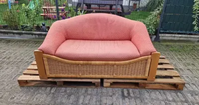 Sofa kanapa rattanowa z ratanu rattan naturalny oplot różowa ogrodowa taras — praca Grzegorz, Łódź