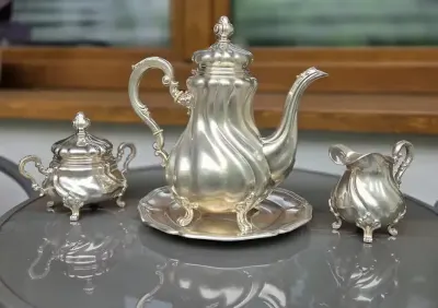 Srebrny serwis do kawy 830 Gebrüder Deyhle 1,56 kg komplet — praca Robert, Kraków