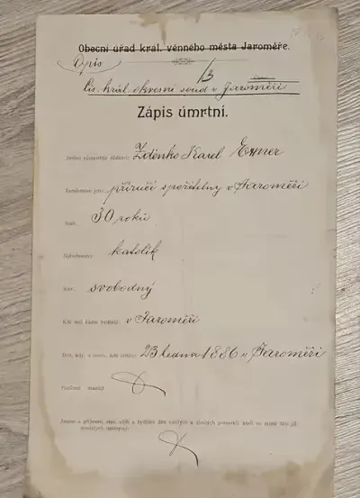 Stary akt zgonu po Czesku. 1917 r — praca Mariusz, Poznań