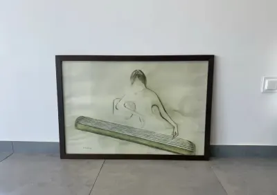 Stary plakat print Ha Van Vuong lata 70 kobieta gra na cytrze — praca Matylda, Wrocław