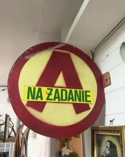 Stary zabytkowy Metalowy znak przystanek na żądanie unikat — praca urok prl, Warszawa