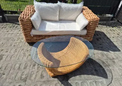 Stół stolik naturalny ława rattanowa z rattanu szkalna szyba szklany rattan — praca Grzegorz, Szczecin