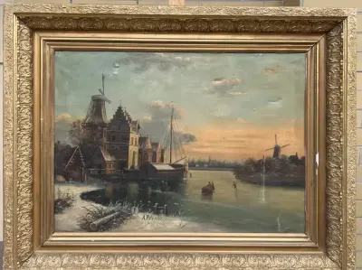 Sygnowany obraz olejny na płótnie - Zimowy port o zachodzie słońca — praca Samer, Poznań