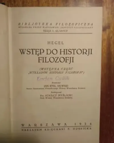 Wstęp do historji filozofji - Hegel - 1924 [A2] — praca Leszek, Gdańsk