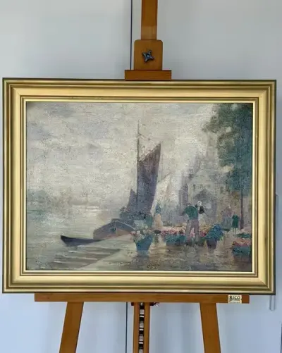 Wybitny Obraz  Hubert Beck 1863-1928 Targ Kwiatowy w Goudzie Klasa Muzealna Olej na Płótnie Stan Gabinetowy Proweniencja Galeryjna Niemcy Inwestycja — praca ArtCollector, Szczecin