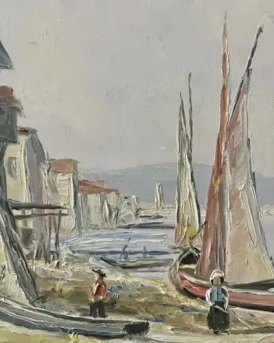 Wyjątkowy Obraz olejny Śródziemnomorska marina sygnowany R. Sporer Top — praca ArtCollector, Szczecin