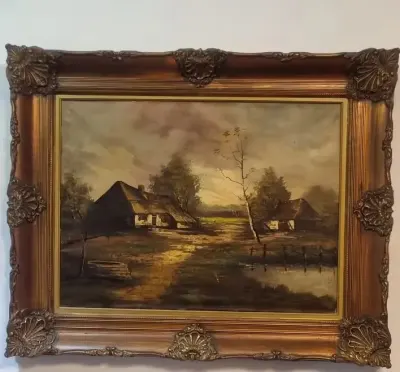 Zabytkowy  olejny obraz na płótnie ,, Krajobraz wiejski ,,107/87cm — praca Iryna, Warszawa