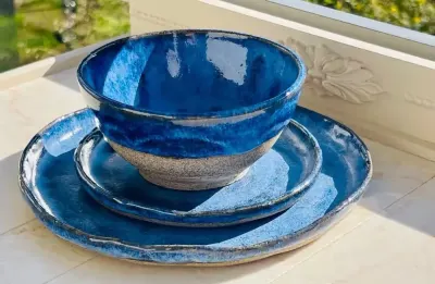 Zestaw ceramiki artystycznej handmade - 3 elementy, morski błękit — praca Eugeniusz, Wrocław