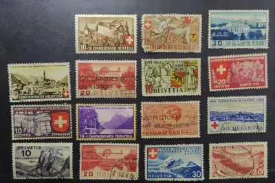 Zestaw Szwajcarskich znaczków 1933-45 Helvetia  15 szt. — praca ViolettAmethyst, Łódź