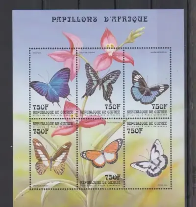Znaczki pocztowe - Republika Gwinei - motyle -1999r (6x750F) — praca Maciek, Łódź