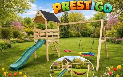 DREWNIANY PLAC ZABAW DLA DZIECI Domek +Zjeżdżalnia + Huśtawki+ Hamak LED — praca Patrycja W., Syców
