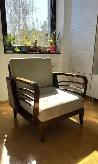 Fotel drewniany vintage w stylu art déco, tapicerowany 70x80x80 Odbior wroclaw — praca Barbara S., Wrocław