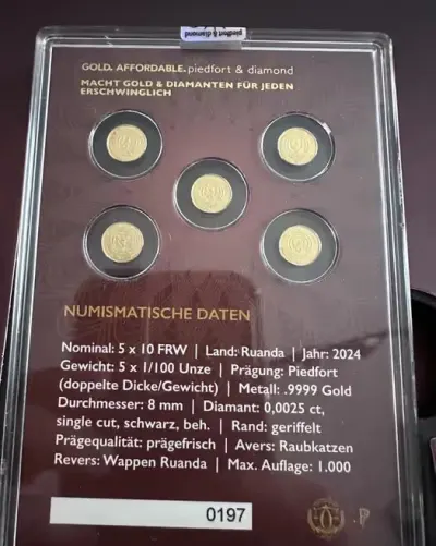 Dzikie Koty zestaw 5 złotych monet z czarnym diamentem Rwanda 2024 r — praca Irena O., Wrocław