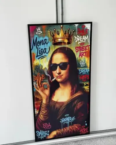 Duży obraz na Drewnie ! 60x120 – Mona Lisa graffiti, rama, druk UV — praca Adrian, Żory