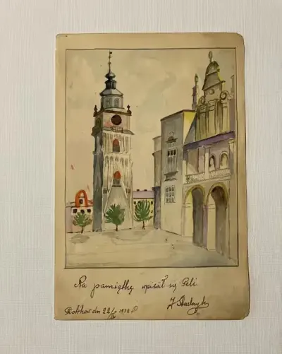 Akwarela, na papierze, 1932 r. Przedwojenny Kraków. — praca Robert, Warszawa