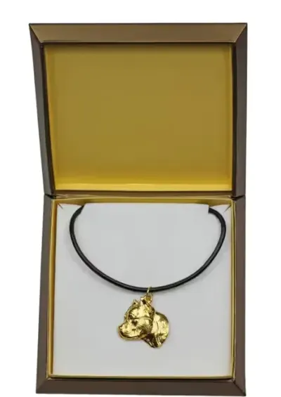 Amerykański Staffordshire terrier naszyjnik pozłocony w pudełku Art-Dog — praca Krzysztof Liszka, Żary