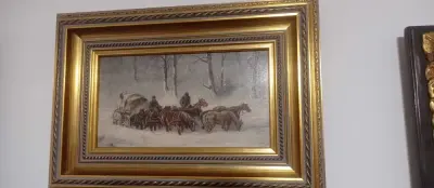Jan Wolski , Zaprzęg konny zimą olej na desce — praca Andrzej, Bielsko-Biala