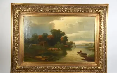 Krowy na pastwisku obraz malowany 98/72cm 19 wiek — praca Łukasz, Poznań