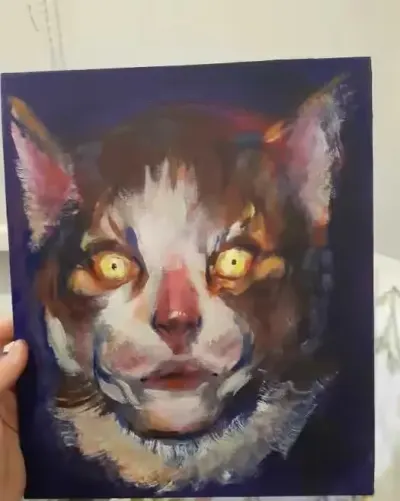 malunek kota akrylem 25 cm x 30cm na desce malarskiej — praca Kamil Łukaszewski, Poznań