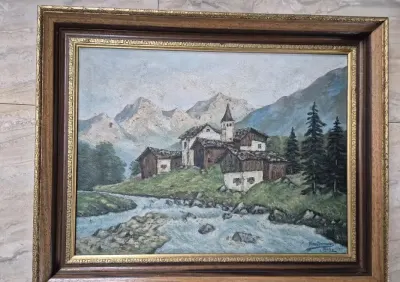 Obraz olejny - górska miejscowość -  wym. 60 x 75 cm — praca Bartek, Warszawa