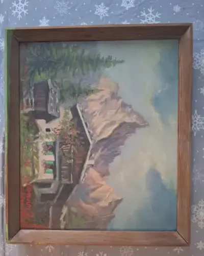 Obraz Olejny na Płótnie "Górskie Schronisko" – Józef Serwin, 1999 | W RAMIE 40x35 cm — praca Daniel, Siechnice