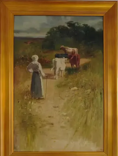 Pasterka Duzy , piekny obraz olejny circa 1887 W.Bruhl scena pasterska — praca zonaimaz, Łoziska