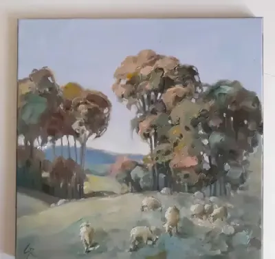 Pejzaż z owcami. Obraz olejny na płótnie. 40 x 40 cm — praca Wojciech, Sulejówek