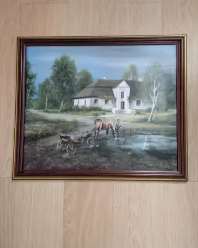 Stary duży obraz olejny Zdzisław Sampolski dworek, koń w ramie — praca Balbina, Bytom
