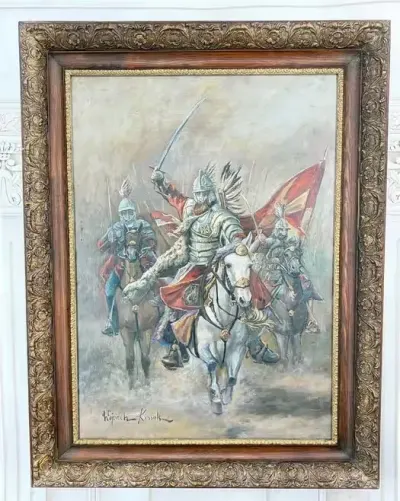 Wojciech Kossak - Szarża Polskiej Husarii - Husaria Na Koniach Obraz Olejny — praca AntykiDecco, Kraków