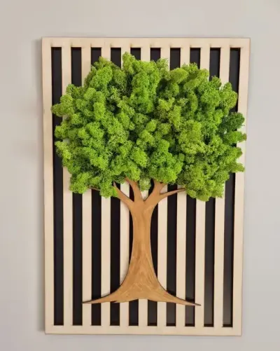 Drewniana dekoracja ścienna 3D z mchem chrobotkiem o wymiarach 40x60 cm. — praca MDN Dekoracje, Strzegom