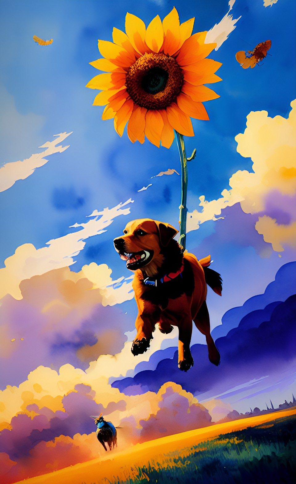 Latający pies Van Gogha — surrealistyczna grafika cyfrowa