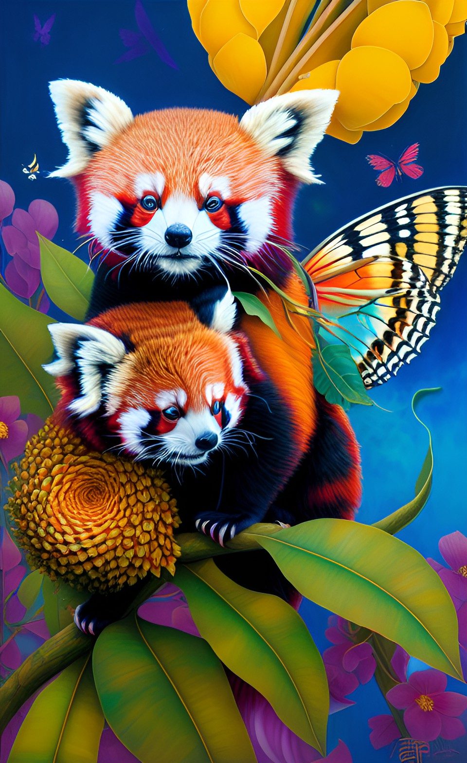Czerwona panda z motylem — kolorowa praca cyfrowa